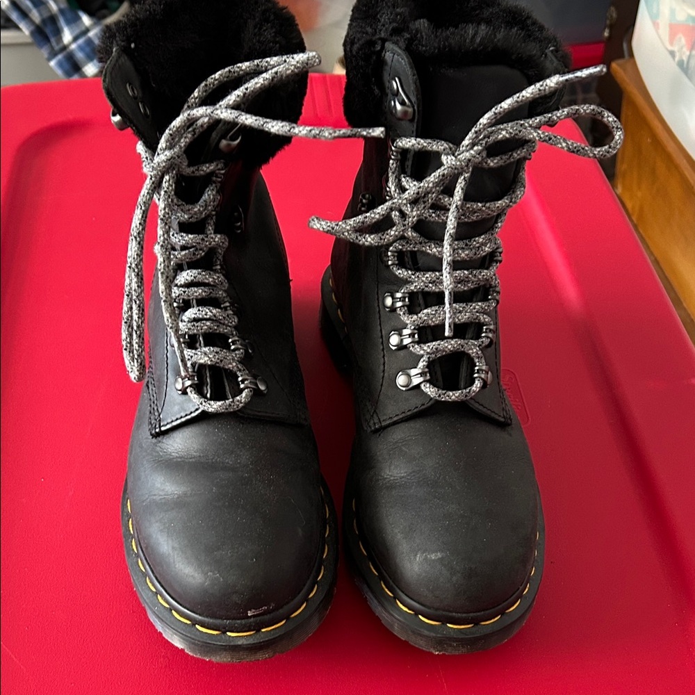 Dr. Martens “Fur” lined Black Combat Boots with Gray Laces